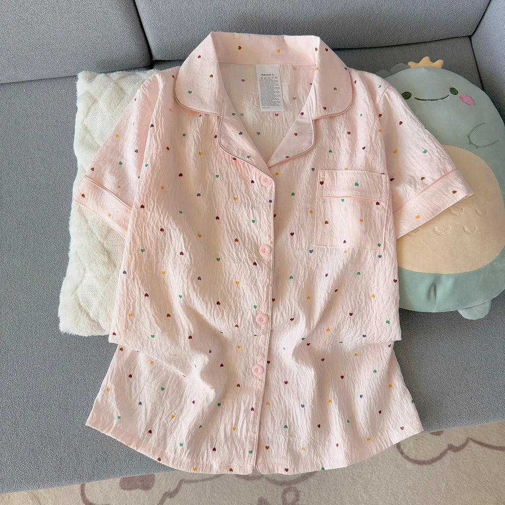 Women's Summer Thin Pajamas with Heart-Shaped Pattern, Short-Sleeved Shorts, Sweet and Cute, Can Be Worn Outside in Summer, Two-Piece Home Wear Set