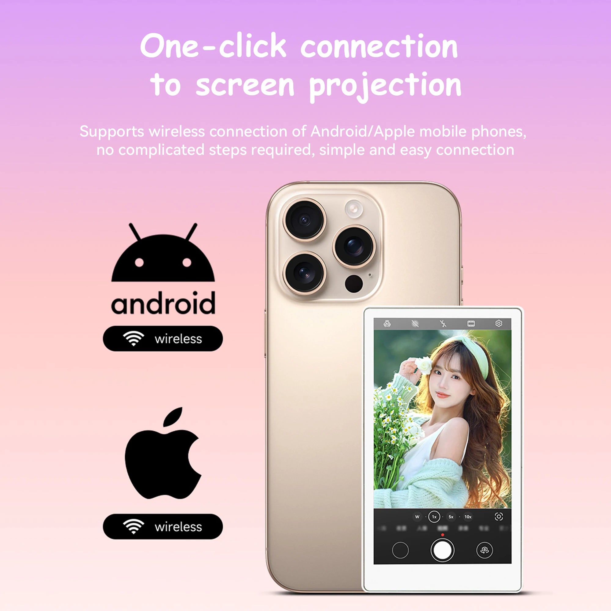 Vlog Selfie Monitor Screen Compatible with Phone, Magnetic Wireless Rear Camera Phone Monitor with 164FT Range, Live Streaming (White)