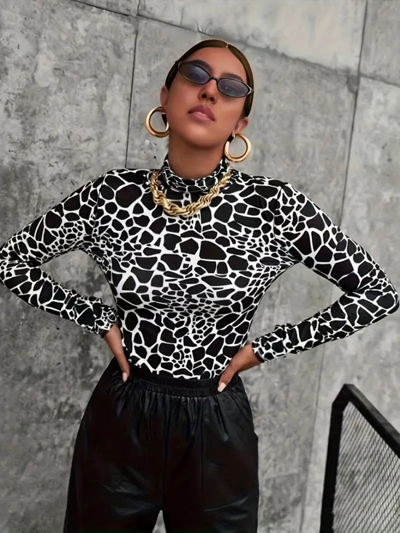 Women's Slim Fit High Neck Long Sleeve Top Versatile Street Style Fashionable Slimming Half High Neck Top