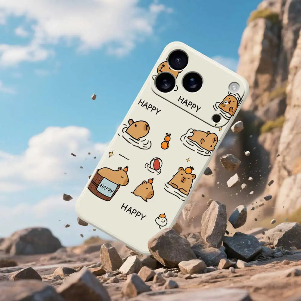 Cartoon Capybara Happy Phone Case For iPhone 17 Pro Max 17 Air 16 15 14 Plus 13 12 11 Pro Max XS Max XR 16E Silicone Soft Cover
