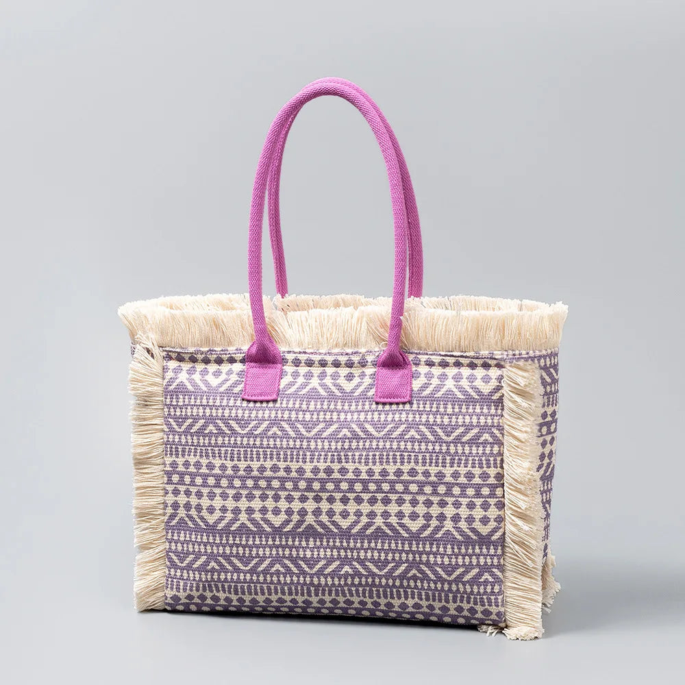 Tote bag Bohemian retro shoulder bag Zipper handbag Large capacity canvas bag Women's summer