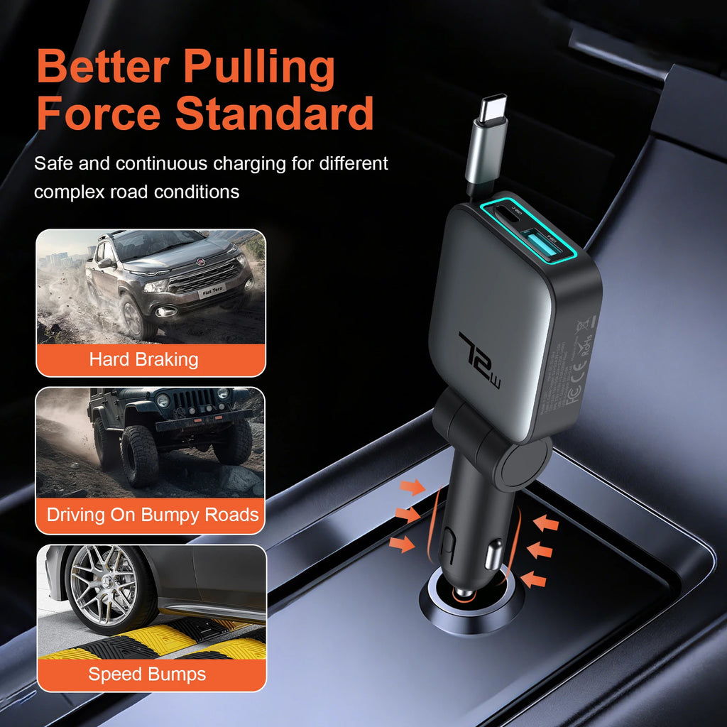 Car Charger Super Fast Charging One-to-Two Retractable Cable Car Cigarette Lighter Converter Compatible with Apple 17 and Huawei