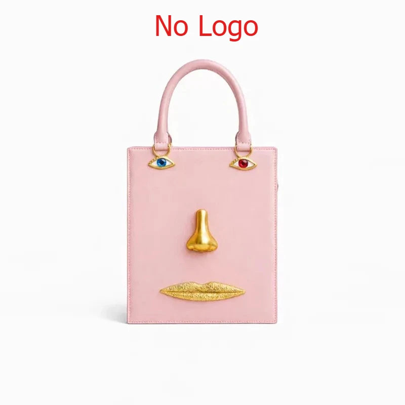 Face Bag Women High Quality Black Leather Luxury Brands Handbag Jewelry Eyes Gold-tone Metal Shoulder Strap Crossbody Bags