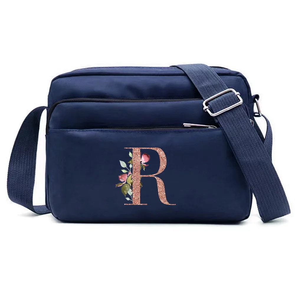 Large Capacity Travel and Commuting Storage Blue Bag Rose Gold Series Print Pattern Multi-layer One Shoulder Crossbody Bag