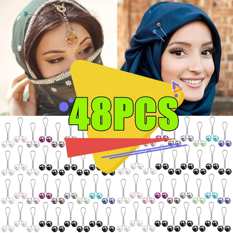 2-48PCS Anti Slip Brooch Headscarf Shawl Scarf Lady Muslim Fixed Pins Scarf Hijab Clips Pearl Brooch for Women Scarf Accessories