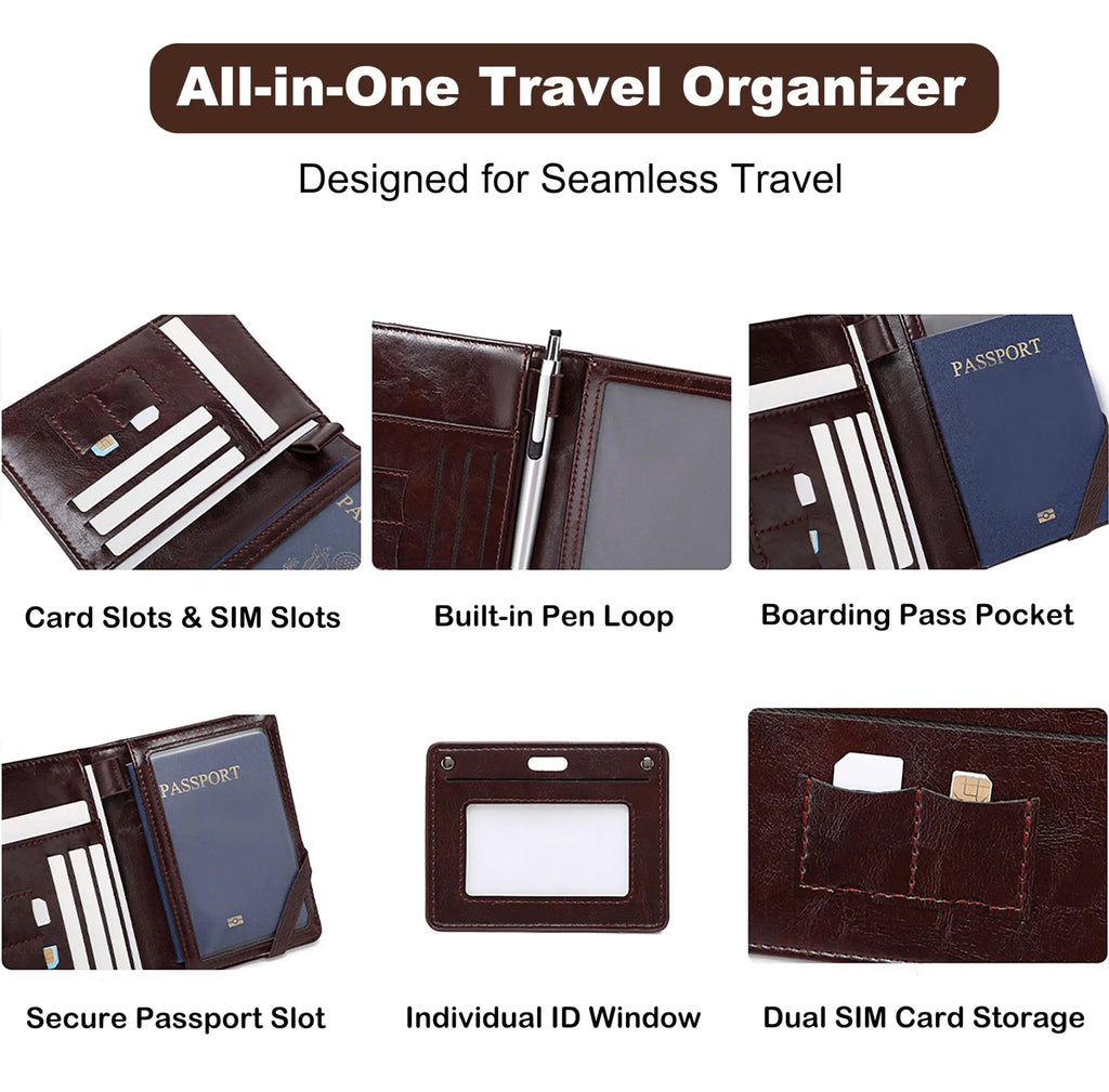 Men Women Leather Passport Holder Cover RFID Blocking Travel Wallet Passport Case with Pen Holder Dual SIM Card Slots