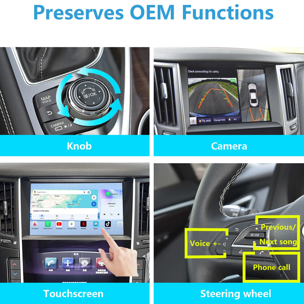 Wireless CarPlay Android Auto Interface for Infiniti Q50 2015-2019, Support OEM Steering Wheel, Bluetooth Audio, Mic and Camera