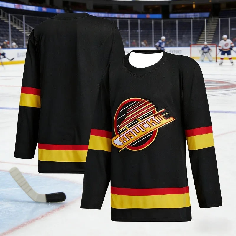 Men's Vancouver Canucks Ice Hockey Jersey Black Red Yellow Breathable Hockey Shirt Streetwear Long Sleeve Sports Hockey Uniform