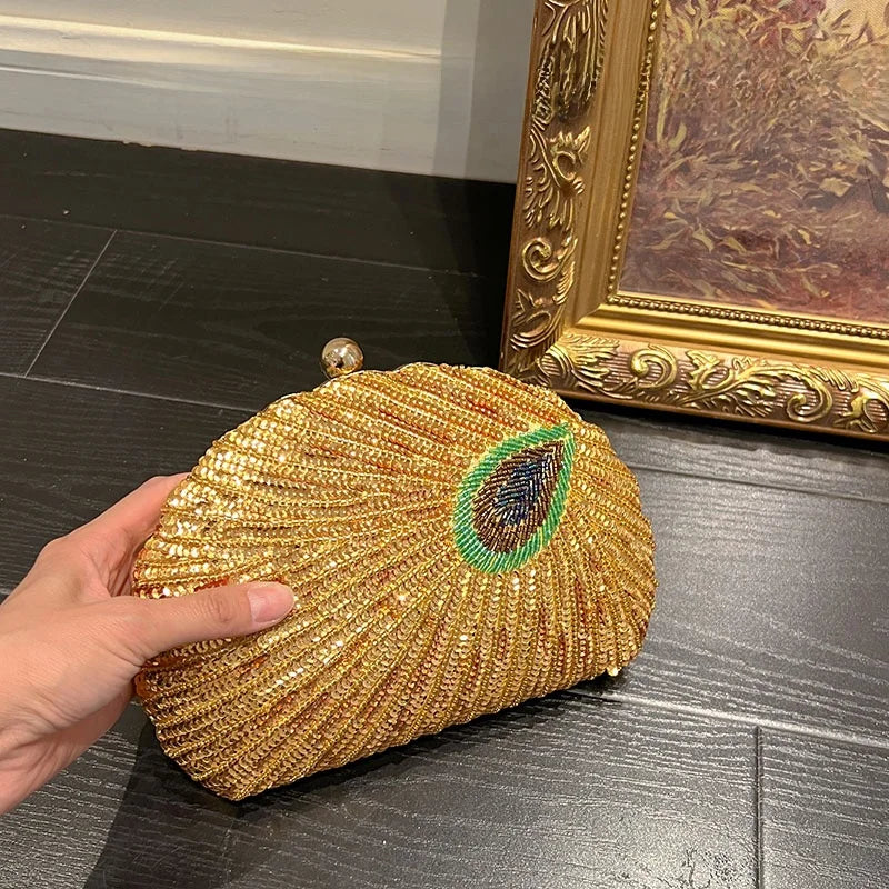 UGALS Chinese Style Bead Embroidery Peacock Shiny Diamond  Handbag Clutch Party Clip-On Shoulder Crossbody Bag