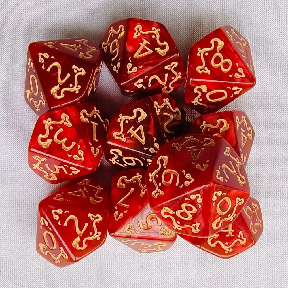 10PCS New Acrylic Dragon Themed Dice Set D10 Yellow Purple Gold Red Dice For Table Games Polyhedral Table Games Dice For D&d DND