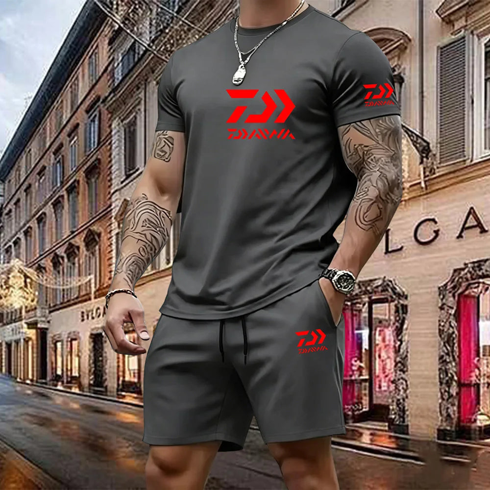 2026 Summer New Men's Fashion Outdoor Sports Set Printed Short Sleeve T-shirt+Shorts Loose Home Leisure Two Piece Set