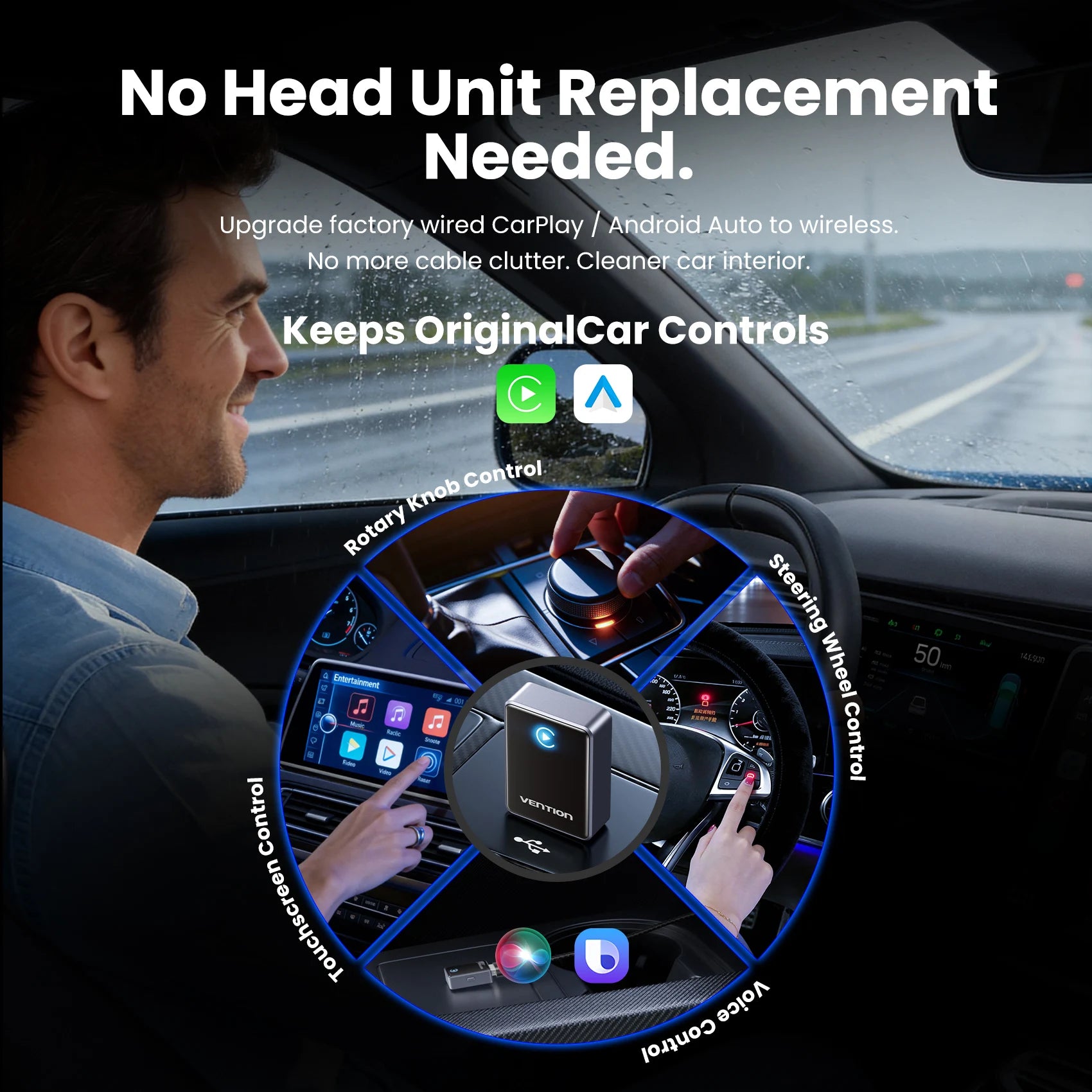 Vention 2in1 Wireless CarPlay Adapter Android Auto For OEM Car Plug and Play AI Smart Box WiFi Bluetooth Auto Connection