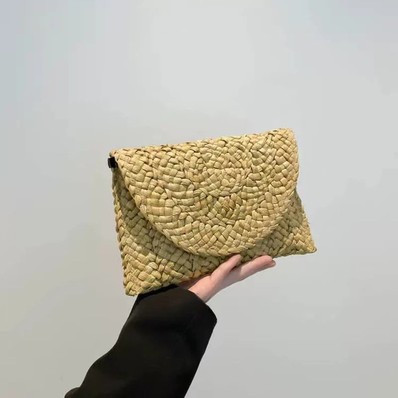 Women Fashion Flap Envelope Bags Summer Beach Bag Handmade Wallet Straw Knitted Handbag Lady Coin Phone Long Purse Clutches