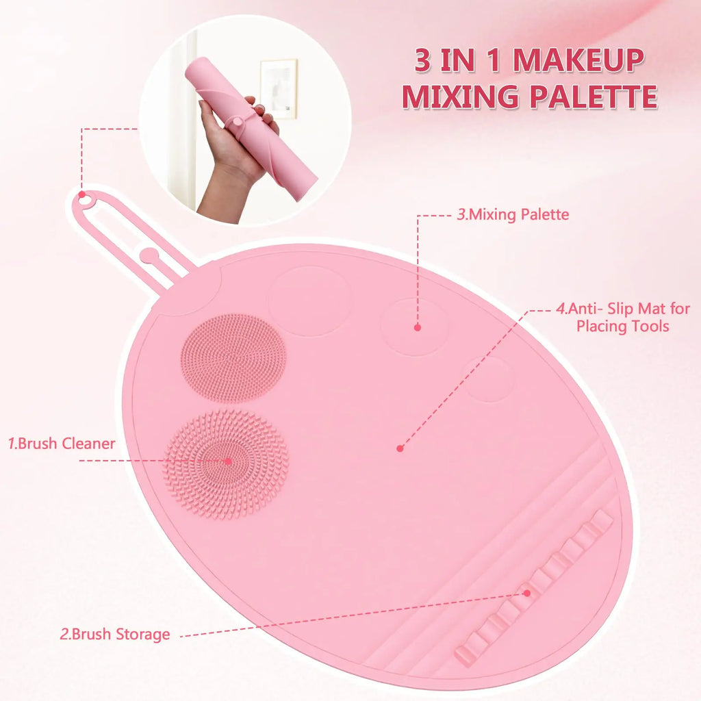 3 in-1 Silicone Makeup Mat Palette with Brush Cleaner for Mixing Foundation Eye Shadow Nail Art  Gel Pad Tray