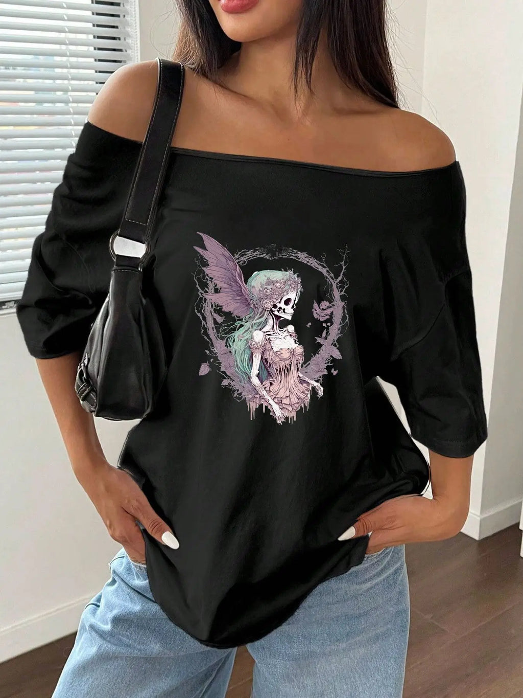 100% Cotton Plus Size Fairy Skeleton Floral Shoulder Loose Print T-Shirt Oversized Y2K Style Graphic Tees Women Tops Summer O