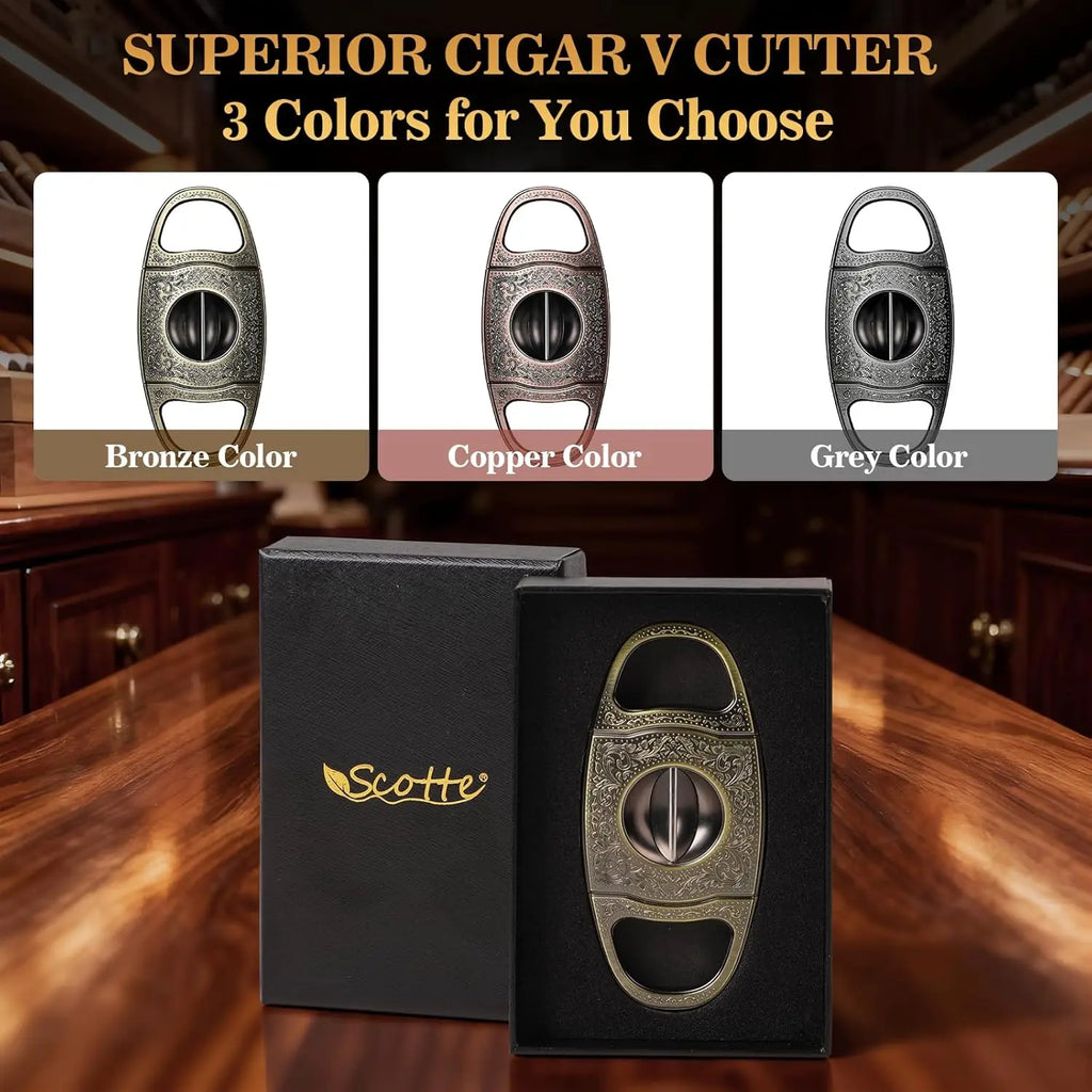 Cigar Cutter,Bronze Engraved V Cut Cigar Cutter Guillotine,Stainless Steel Blade Sharp Cigar Clippers,Cigar Accessories for Men