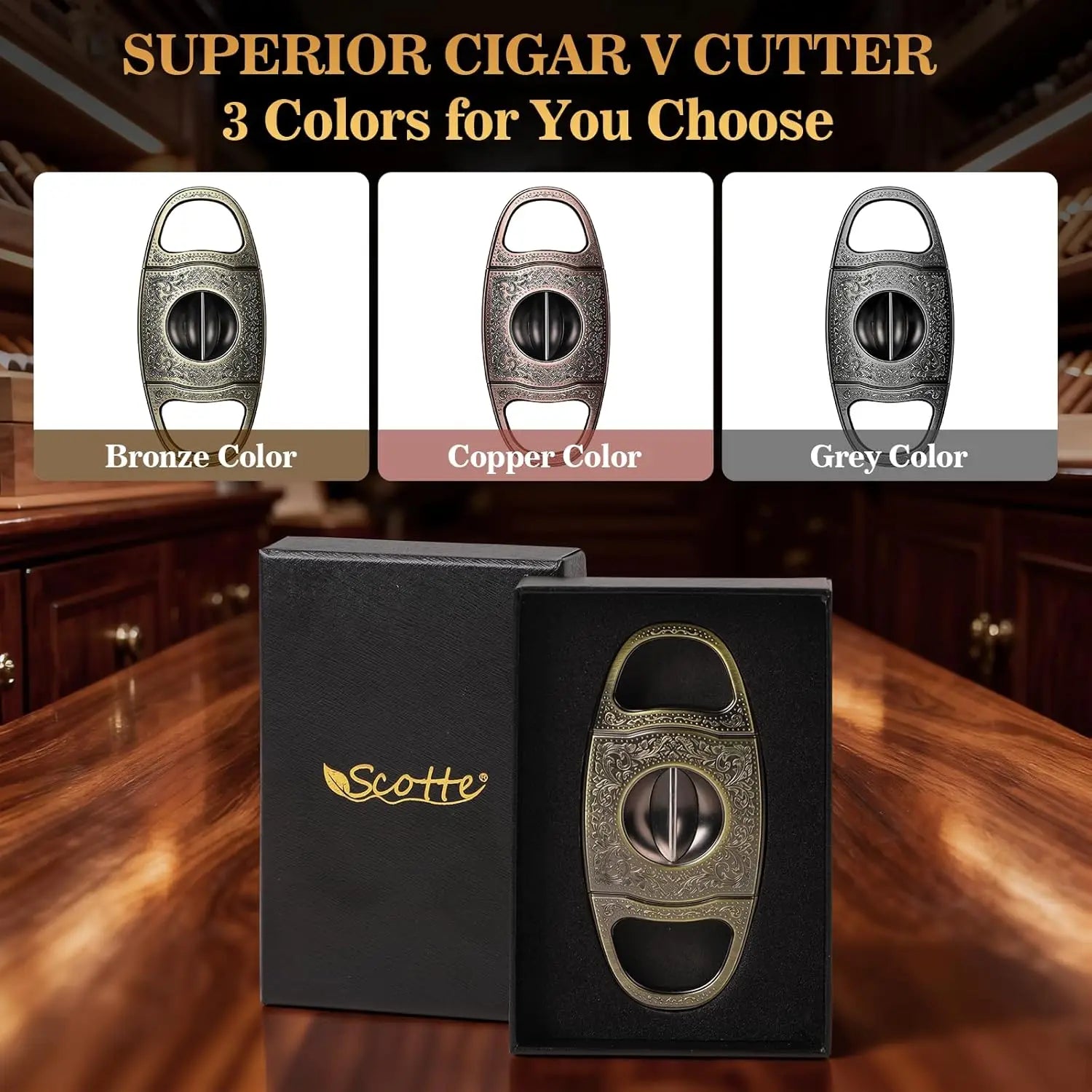 Cigar Cutter,Bronze Engraved V Cut Cigar Cutter Guillotine,Stainless Steel Blade Sharp Cigar Clippers,Cigar Accessories for Men