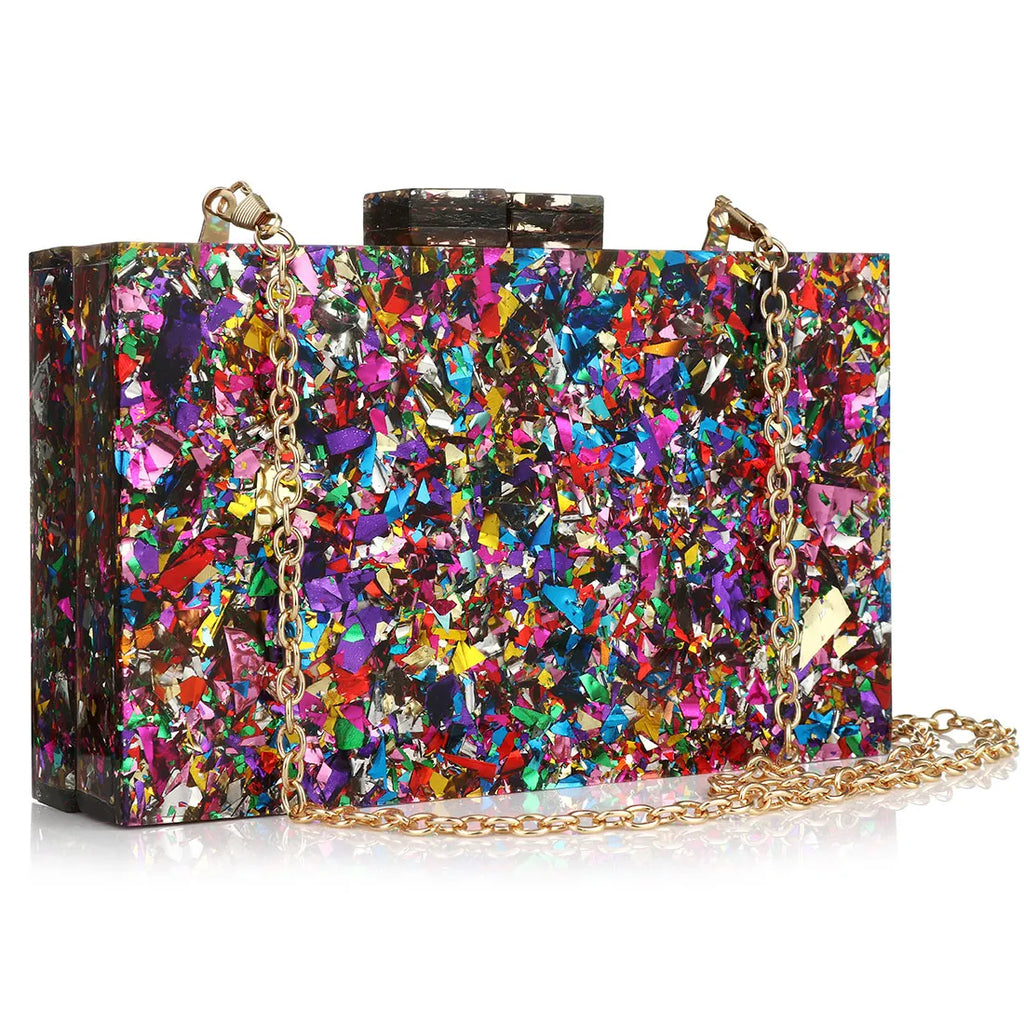 Acrylic Luxury Wedding Chain Handbag Women Box Clutch Evening Bags For Women Multicolor Perspex Geometric Patterns Box Clutch Banquet Evening Crossbody Handbag
