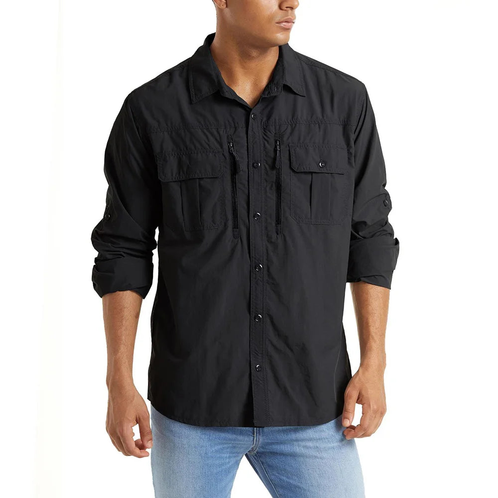 KEFITEVD Quick Dry Men's Hiking Shirts Zipper Chest Pocket Long Sleeve Cargo Shirts Lightweight Camping Trekking Fishing Shirt