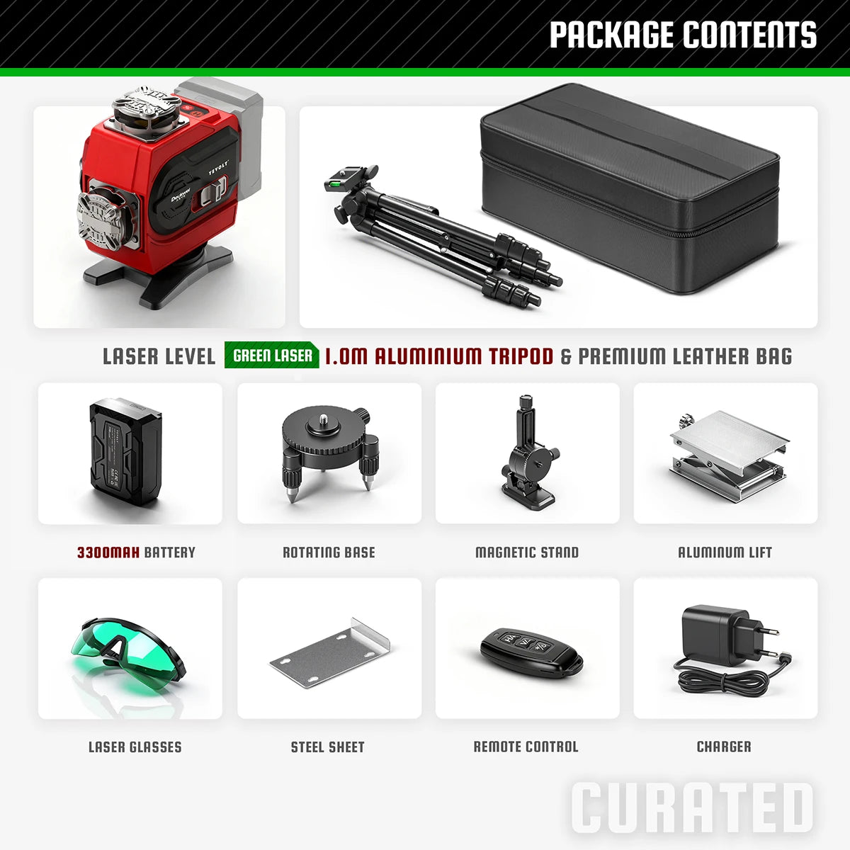 YEVOLT 360° Self-Leveling 16-Line Laser Level (Red/Green Beam Options) - Ultra-Clear for Indoor/Outdoor Use Rechargeable Battery