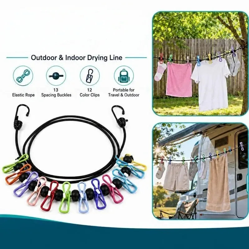 Portable Retractable Travel Clothesline with 12 Clips, Indoor Outdoor Laundry Drying Rope, Camping Accessories