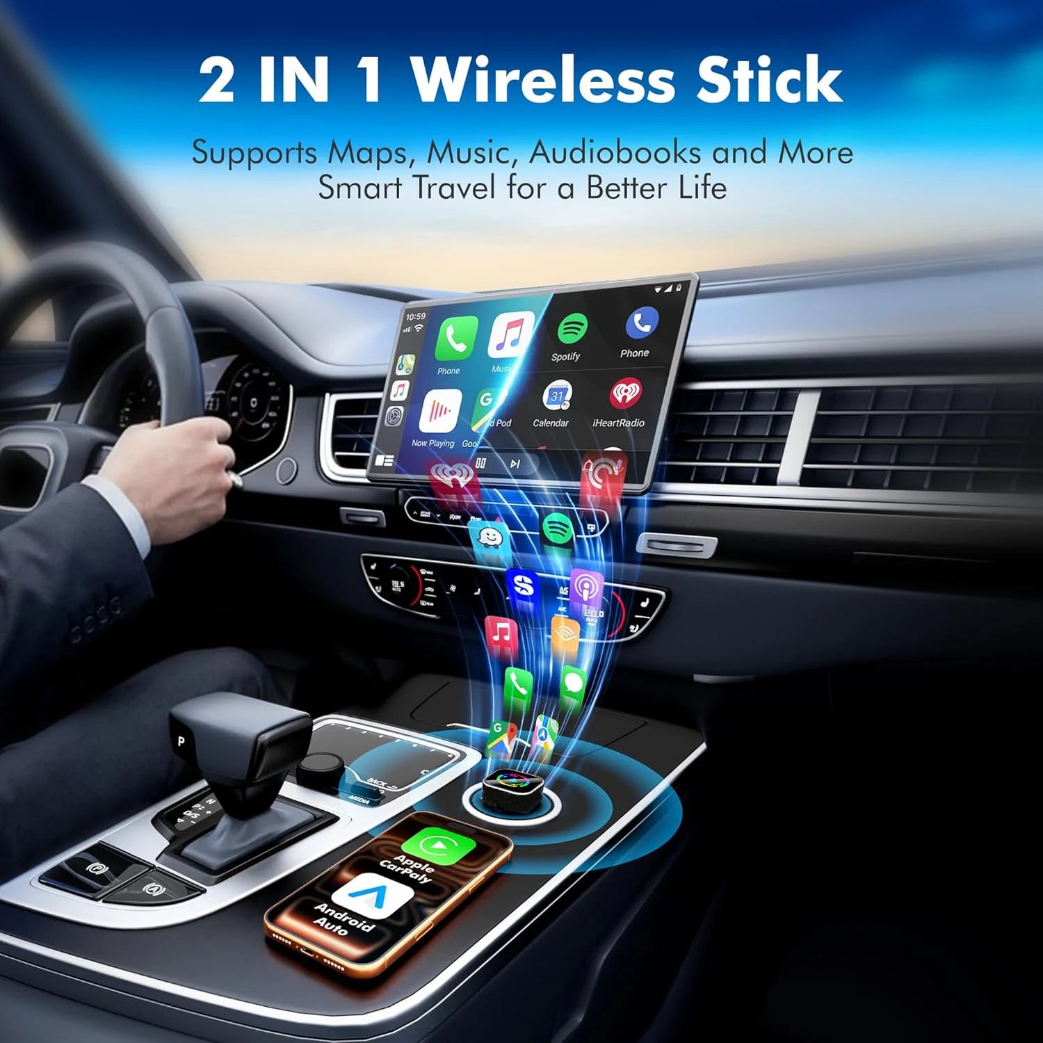 2 in 1 wireless carplay adapter for iOS 10+ & Android Auto, Plug and Play,Fast Auto-Connect,5GHz WiFi, Bluetooth 5.3