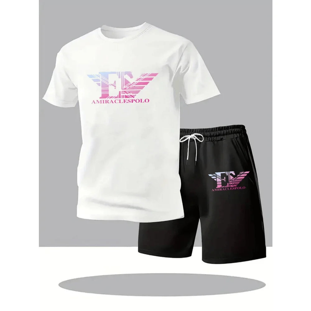 Men's Casual Fitness Two Piece Set Short Sleeve T-Shirt + Shorts Breathable Quick Dry Running Gym T-Shirts Sets Hot Sale