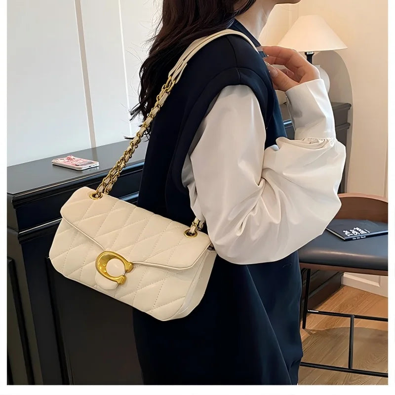 Women Quilted Leather Shoulder Bag Luxury C Logo Gold Chain Crossbody Bag Designer Small Flap Handbag Vintage Black Evening Clut