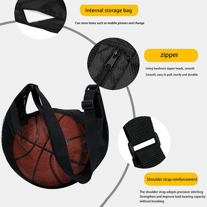 1Pc Drawstring Mesh Basketball Bag, Single Ball Sling Carry Net with Zipper Pocket Sports Storage