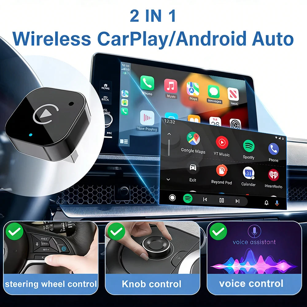 2026 Trending Wireless CarPlay Adapter for Apple iPhone & Android, 2-in-1 Adapter Convert Wired to Wireless Dongle