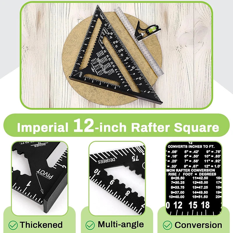 Premium Rafter Square and Combination Triangle Square Set, Woodworking Framing Square, Ruler and Protractor Tool Set