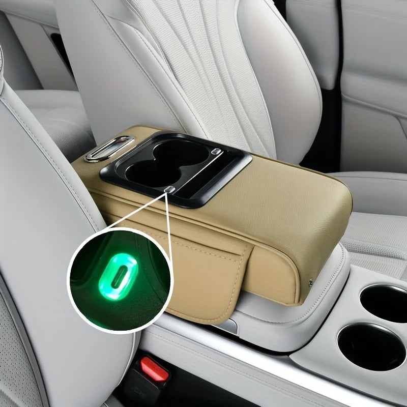 Dual Type-C Ports with Lighted Sockets, Universal Integrated Multifunctional Car Center Armrest Box, Includes Adapter and Tissue Holder