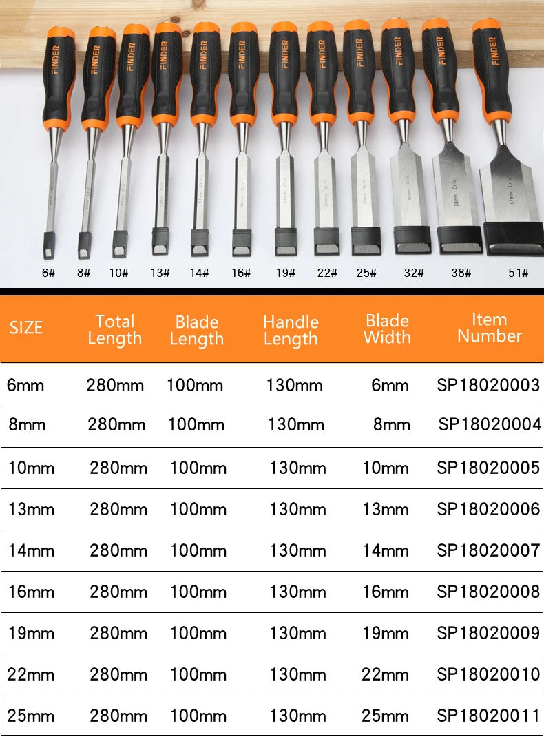FINDER Wood Chisel with Comfort TPR Handle, Flat Carpentry Tools for Woodworking DIY, Fiberglass Reinforced Handle