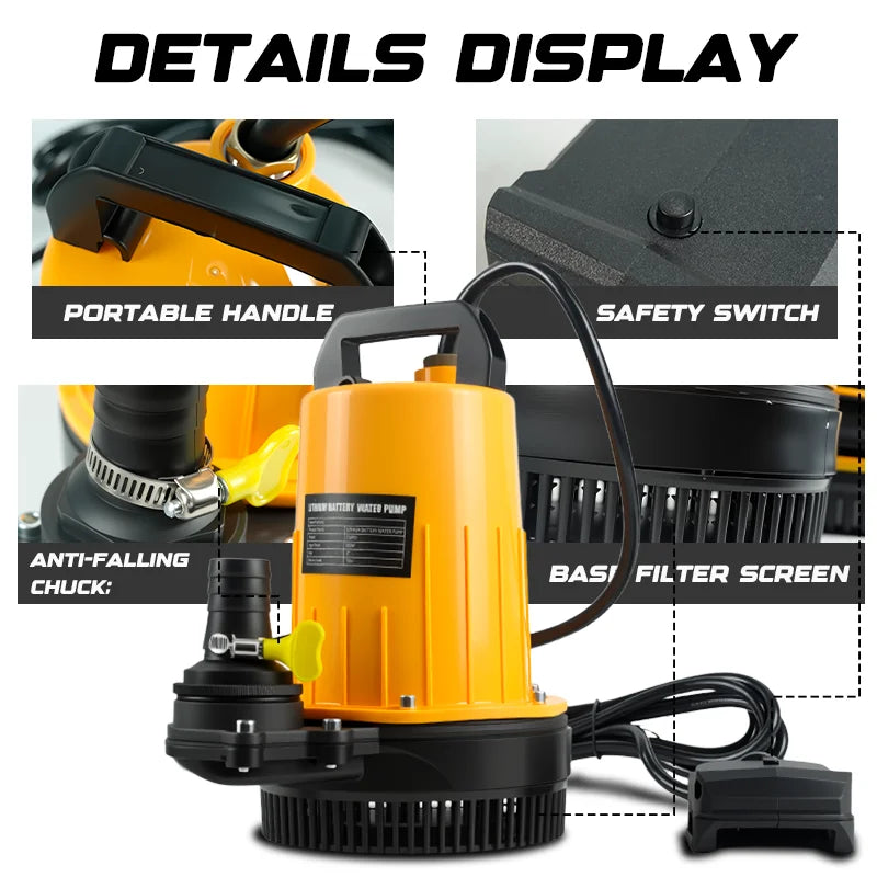 Portable Submersible Clean Water Pump with 10M Water Pipe Aquarium Irrigation Household Pumping Pump For Dewalt 20V Battery Pin