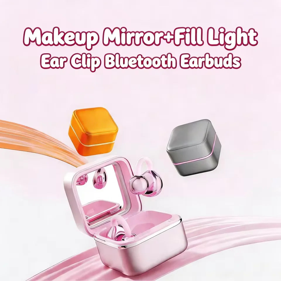 New Ear Clip Wireless Bluetooth 6.0 Earphones Headphones Jewelry Box With Makeup Mirror Fill Light For Fashion Gift TWS Earbuds