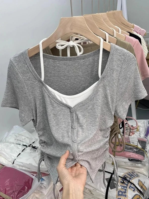 Sweet And Spicy Short Sleeve T-Shirt Neck Hanging Design Slimming Short Style Korean Version Commute Wind Women's Top