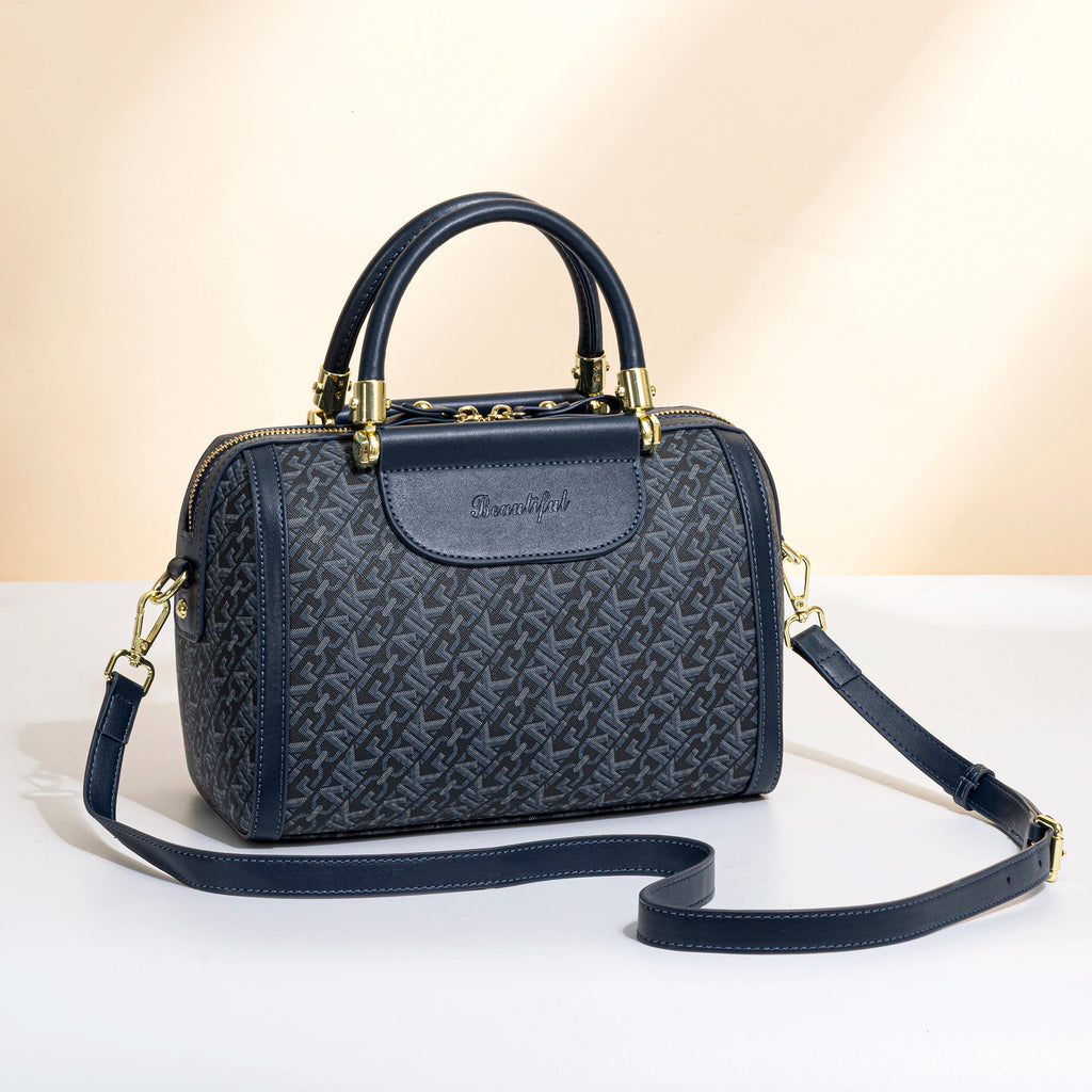 Vintage Floral Lock Boston Handbag for Women, Cylindrical Shaped Pillow Bag, Front Zipper Pocket, Detachable Adjustable Leather Crossbody Strap, Multi-Compartment Daily Commuter Shoulder Bag