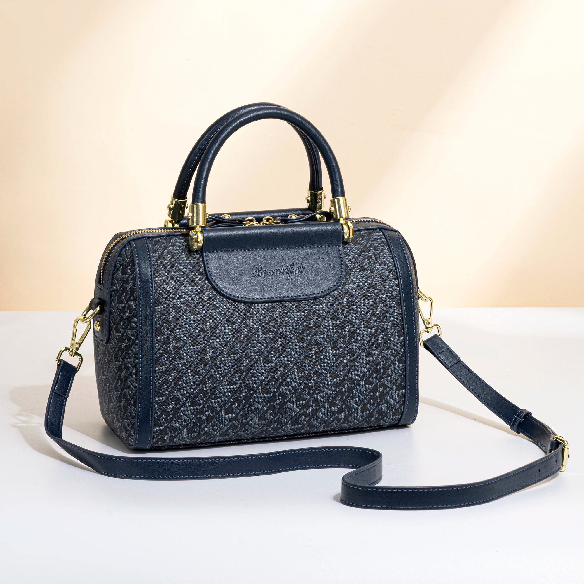Vintage Floral Lock Boston Handbag for Women, Cylindrical Shaped Pillow Bag, Front Zipper Pocket, Detachable Adjustable Leather Crossbody Strap, Multi-Compartment Daily Commuter Shoulder Bag