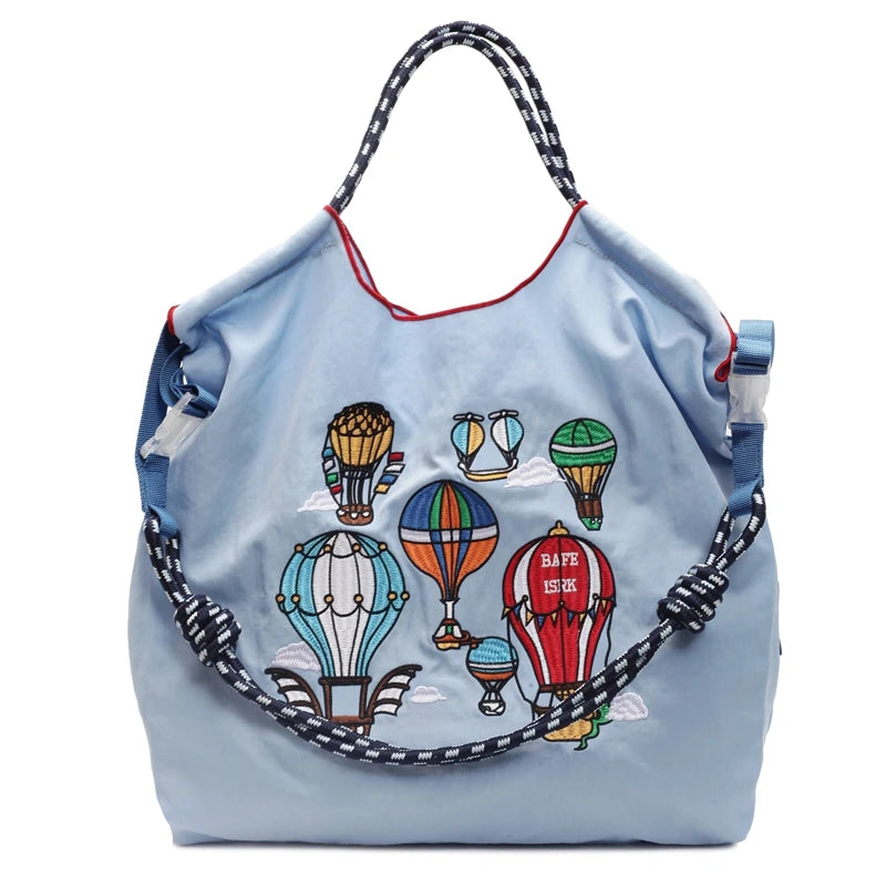 Fashion Embroidered Hot Air Balloon Pattern Large Capacity Lady Canvas Bag New Drawstring Shopping Handbag Thin Style Canvas Bag