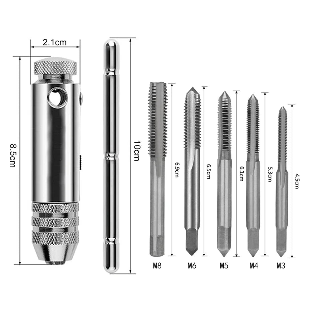 Adjustable Silver T-Handle Ratchet Tap Holder Wrench Set Hand Tools with 5pc M3-M8 Machine Screw Thread Metric Plug T-shaped Tap