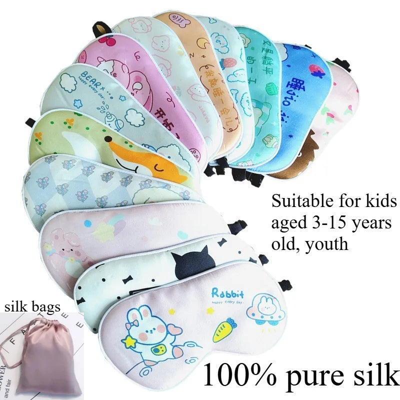 Kids Cartoon Silk Sleep Eye Mask,100% Silk16 Momme Adjustable Elastic Strap Full Blackout Eye Cover for 3-15 Years Old Children