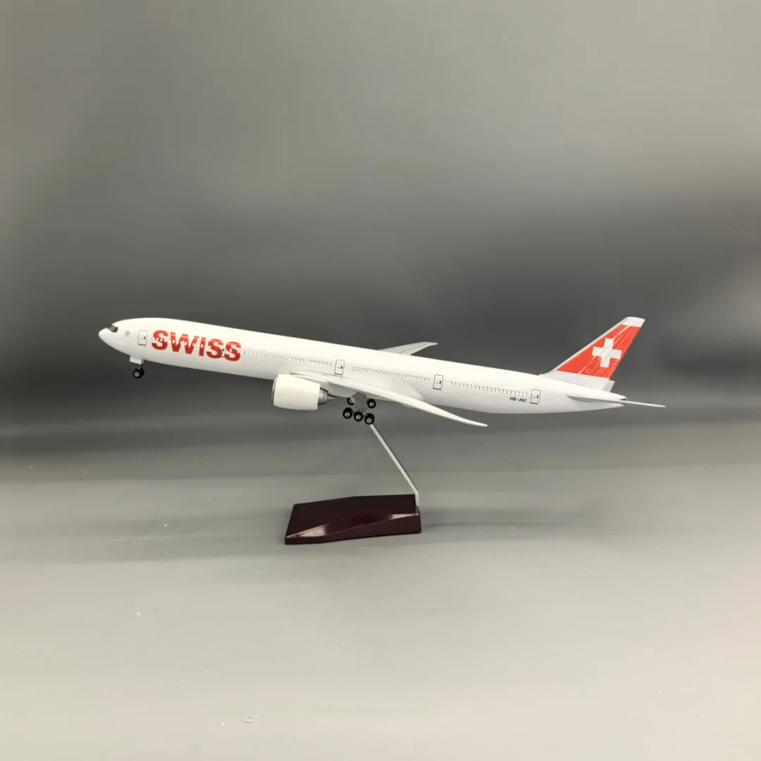 Scale 47cm B777 Swiss Airways Switzerland with Light And Wheels Die-cast Resin Aircraft Model Collectible Display Toy Airplane