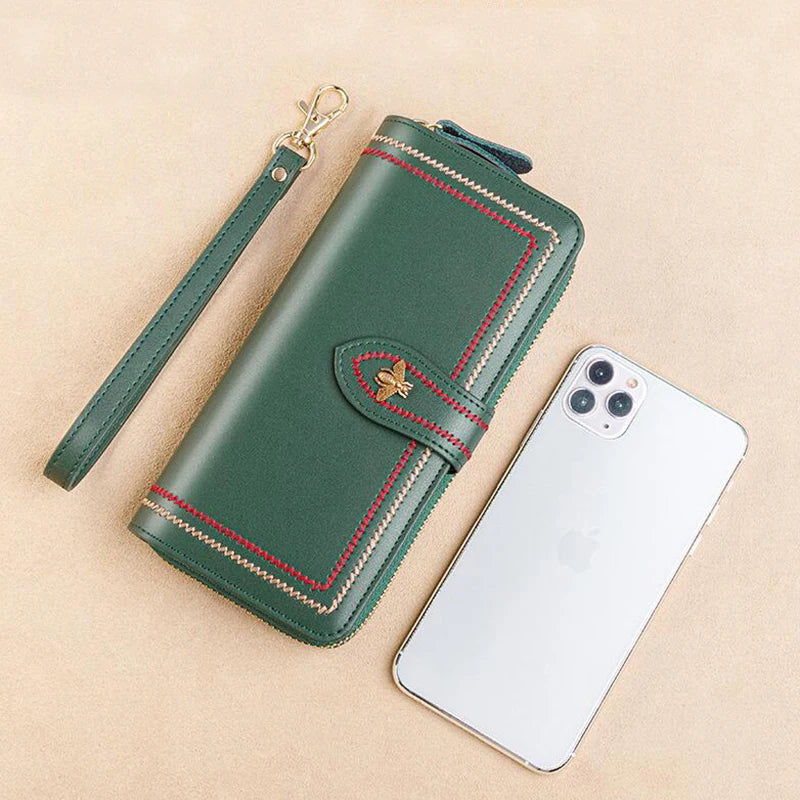 Genuine Leather Wallets Women Clutch Female Purses Long Money Bag Zipper Coin Bee Luxury Brand Wristlet Phone Hasp Card Holder