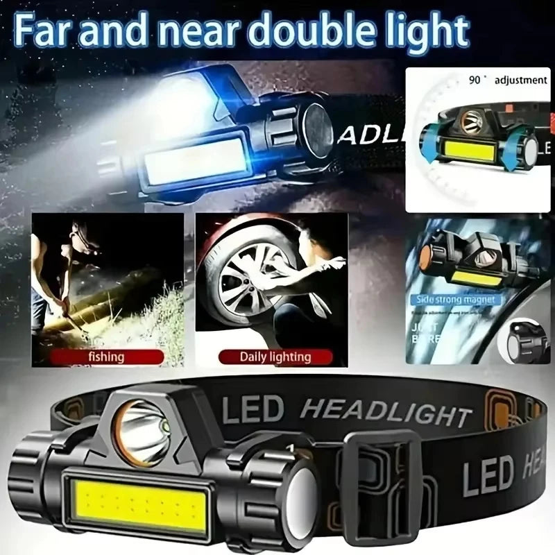 1/2PCS LED+COB Portable Headlamp with 400MAh Magnetic Lightweight Head Flashlight for Outdoor Camping Running Fishing Emergency