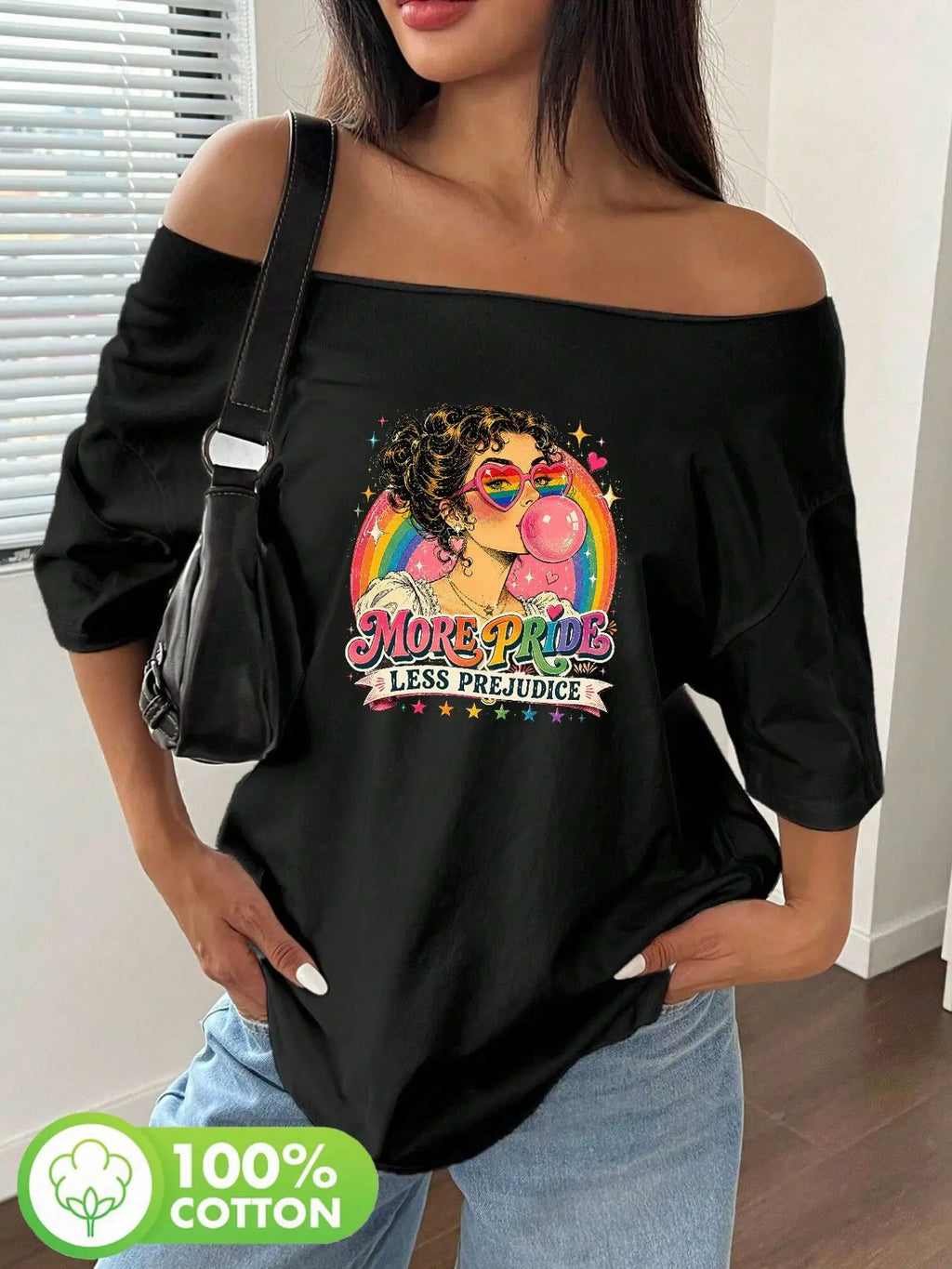 Plus Size Women's Retro Rainbow Pride Heart Sunglasses Graphic Tee 100% Cotton Shoulder Loose Print T-Shirt Oversized Y2K Sty