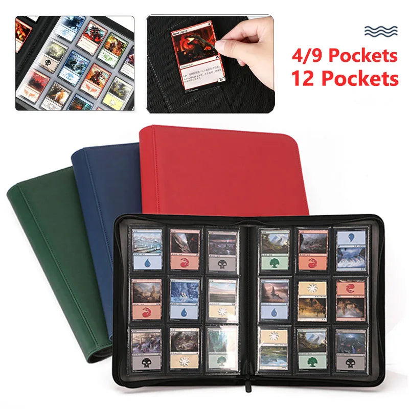 9/12 Pocket Leather Trading Card Album Folder - 360/480 Side Loading Pocket Binder Full Zipper for Game Cards & Sports Cards