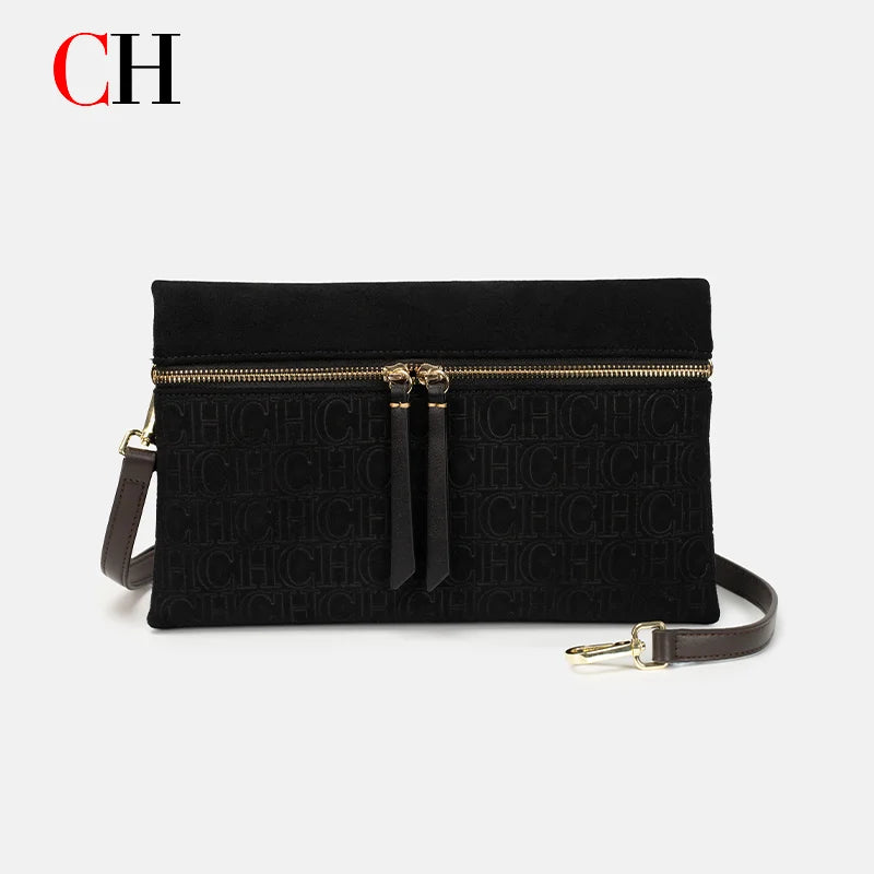 CH Crossbody Bag Women Embossed Suede Shoulder Bag Double Zipper Clutch Purse Vintage Daily Evening Handbag Bolsos Mujer