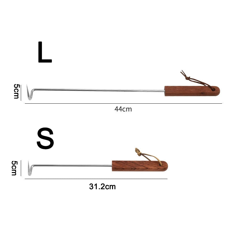 BBQ Meat Flipper Hook Outdoor Camping Food Turner Hook with Wooden Handle Reusable Barbecue Food Flipper Grilling Cooking Tool