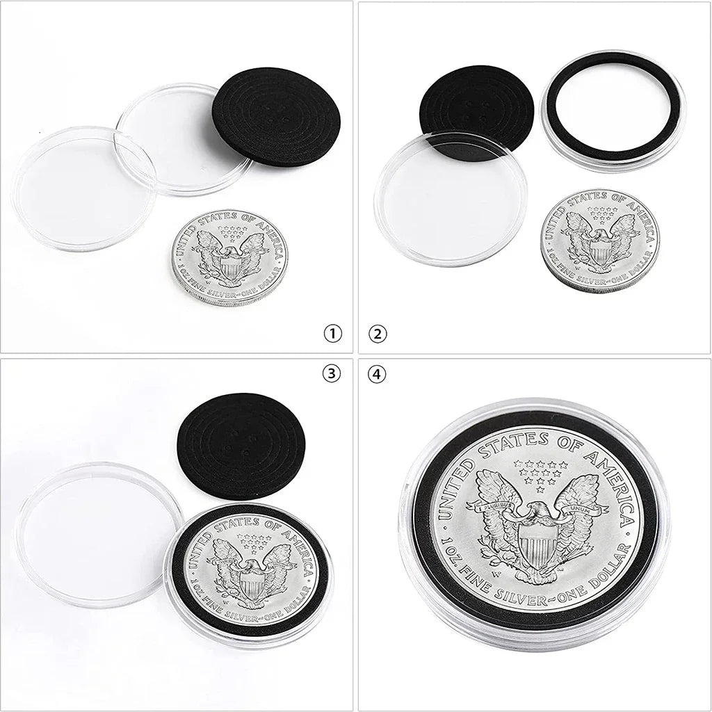 33PCS Clear Plastic Coin Capsule Case with Wooden Organizer Box and Black Gaskets for 16/20/25/27/30/35/40/46mm Coin Storage