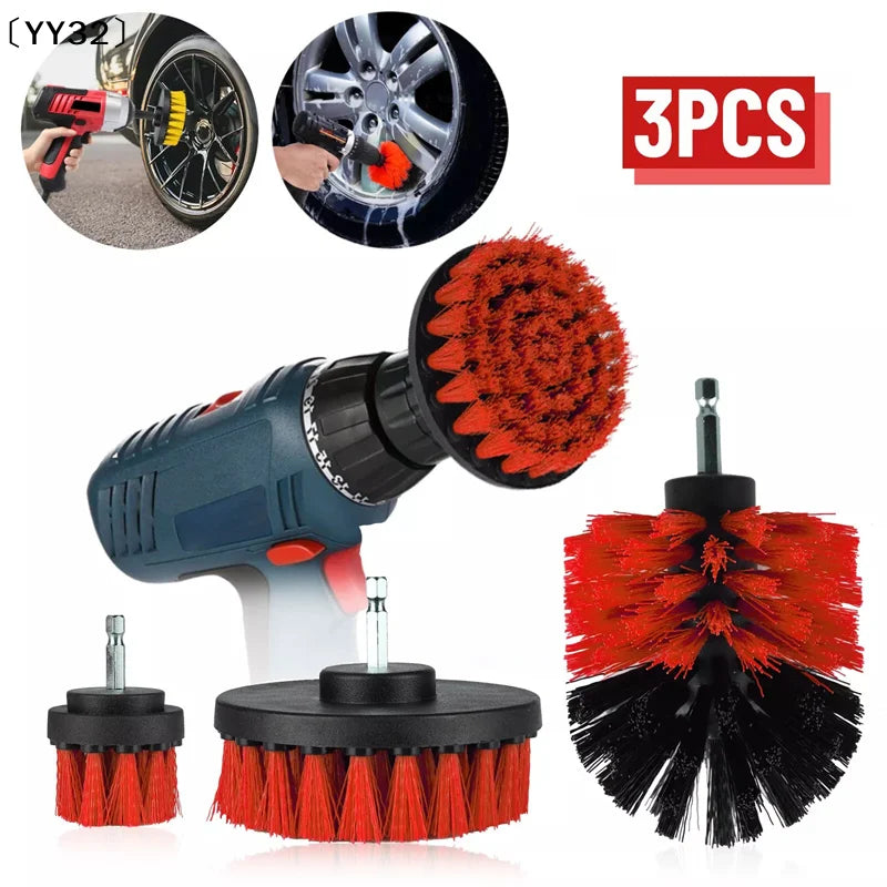 3Pcs Electric Scrubber Brush Drill Brush Kit Red Plastic Round Cleaning Tools For Carpet Glass Car Tires Nylon Brushes〔YY32〕